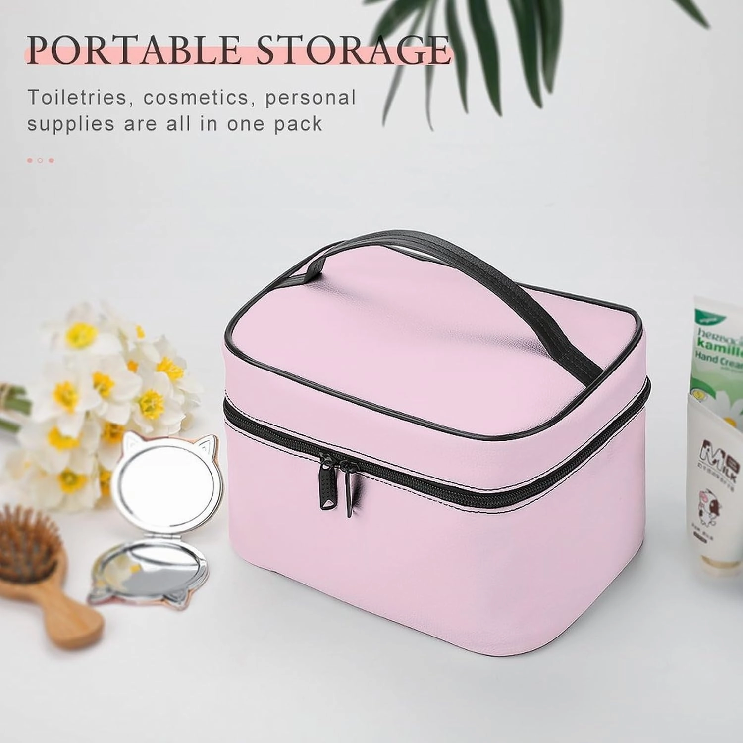Travel Makeup Bag, Minimalist Light Pink Solid Plain Elegant Chic Cosmetic Bags for Women Large Capacity Waterproof Toiletry Bag Make up Organizer