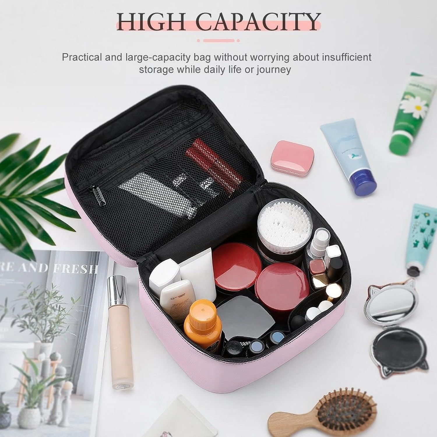 Travel Makeup Bag, Minimalist Light Pink Solid Plain Elegant Chic Cosmetic Bags for Women Large Capacity Waterproof Toiletry Bag Make up Organizer