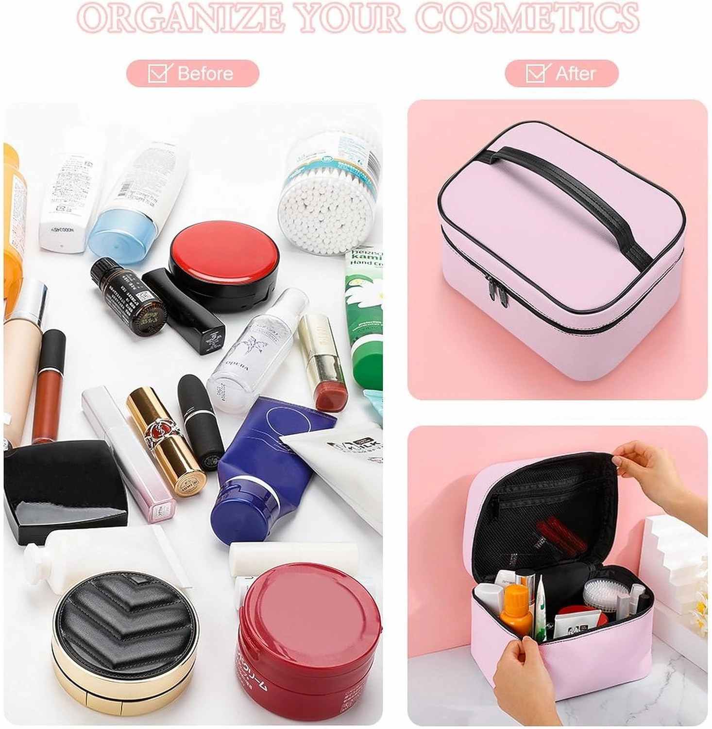 Travel Makeup Bag, Minimalist Light Pink Solid Plain Elegant Chic Cosmetic Bags for Women Large Capacity Waterproof Toiletry Bag Make up Organizer