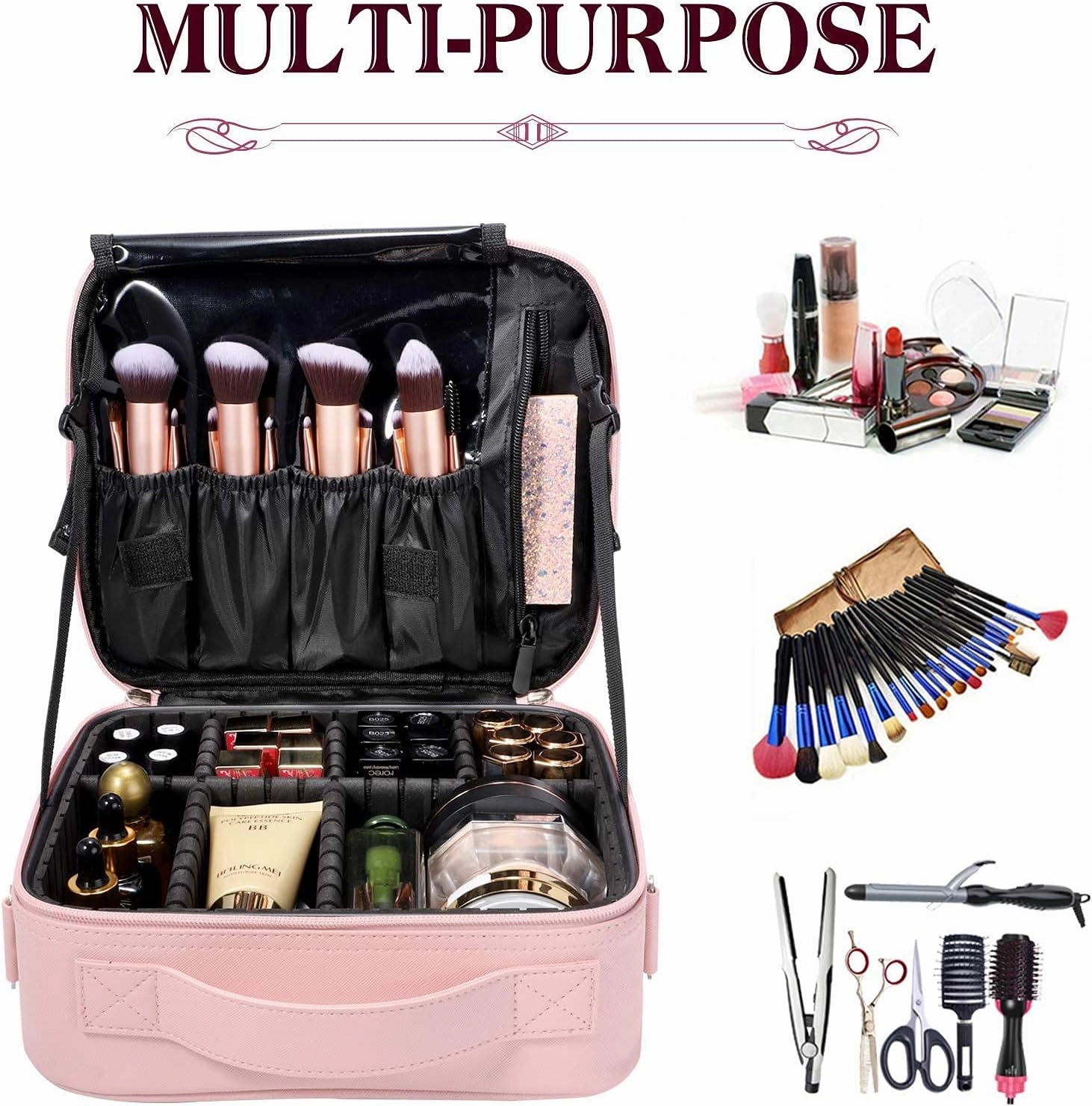 Travel Makeup Bag Organizer, 10.2 Inches Portable Makeup Train Case Cosmetic Brush Artist Storage Bag with Adjustable Dividers and Shoulder Strap (Pink)