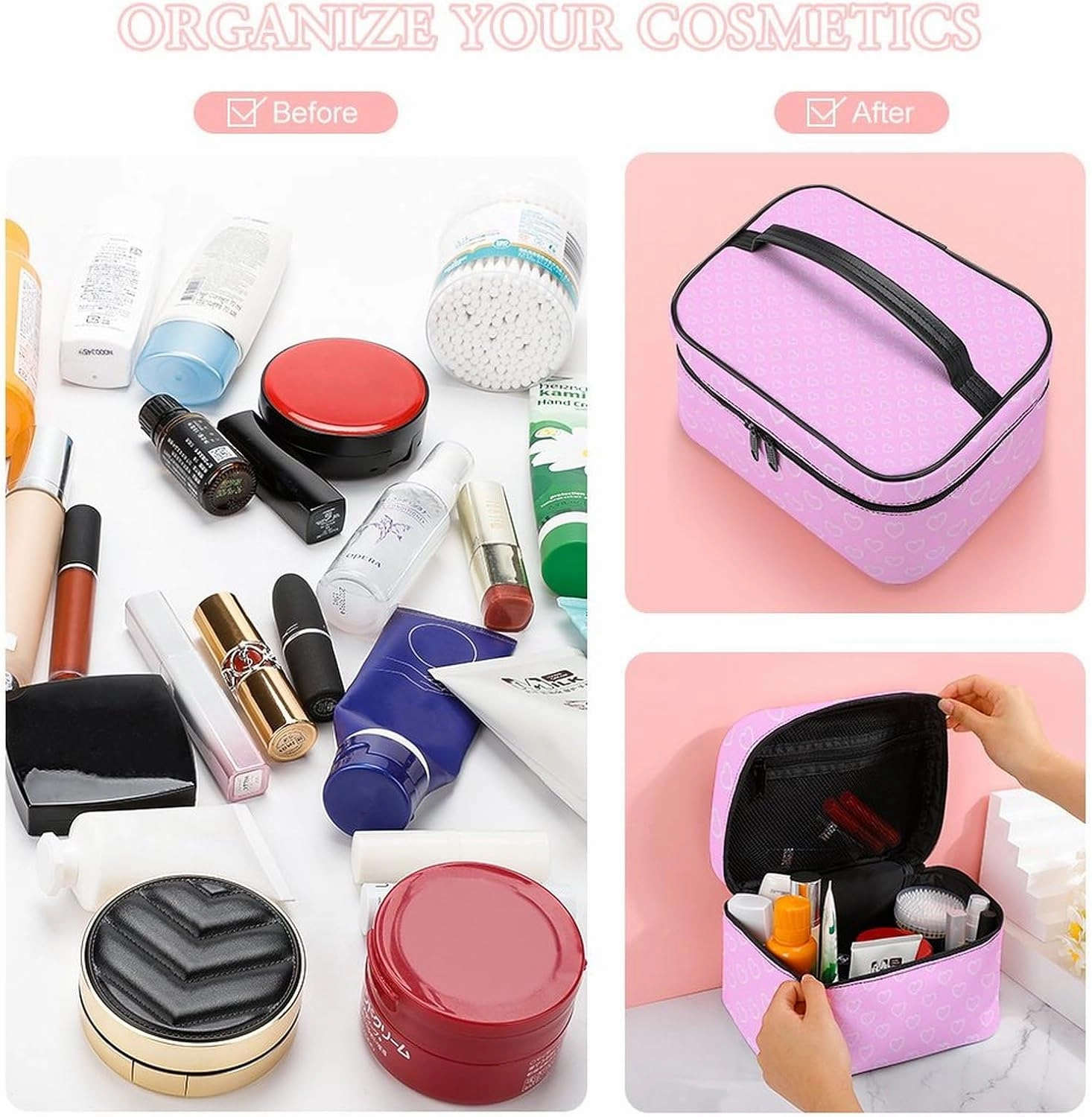 Travel Makeup Bag, Soft Pink Hearts Cosmetic Bags for Women Large Capacity Waterproof Toiletry Bag Make up Organizer