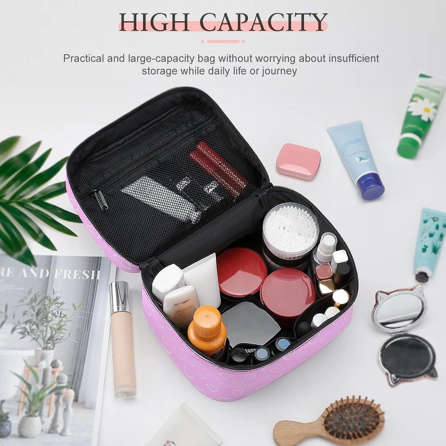 Travel Makeup Bag, Soft Pink Hearts Cosmetic Bags for Women Large Capacity Waterproof Toiletry Bag Make up Organizer