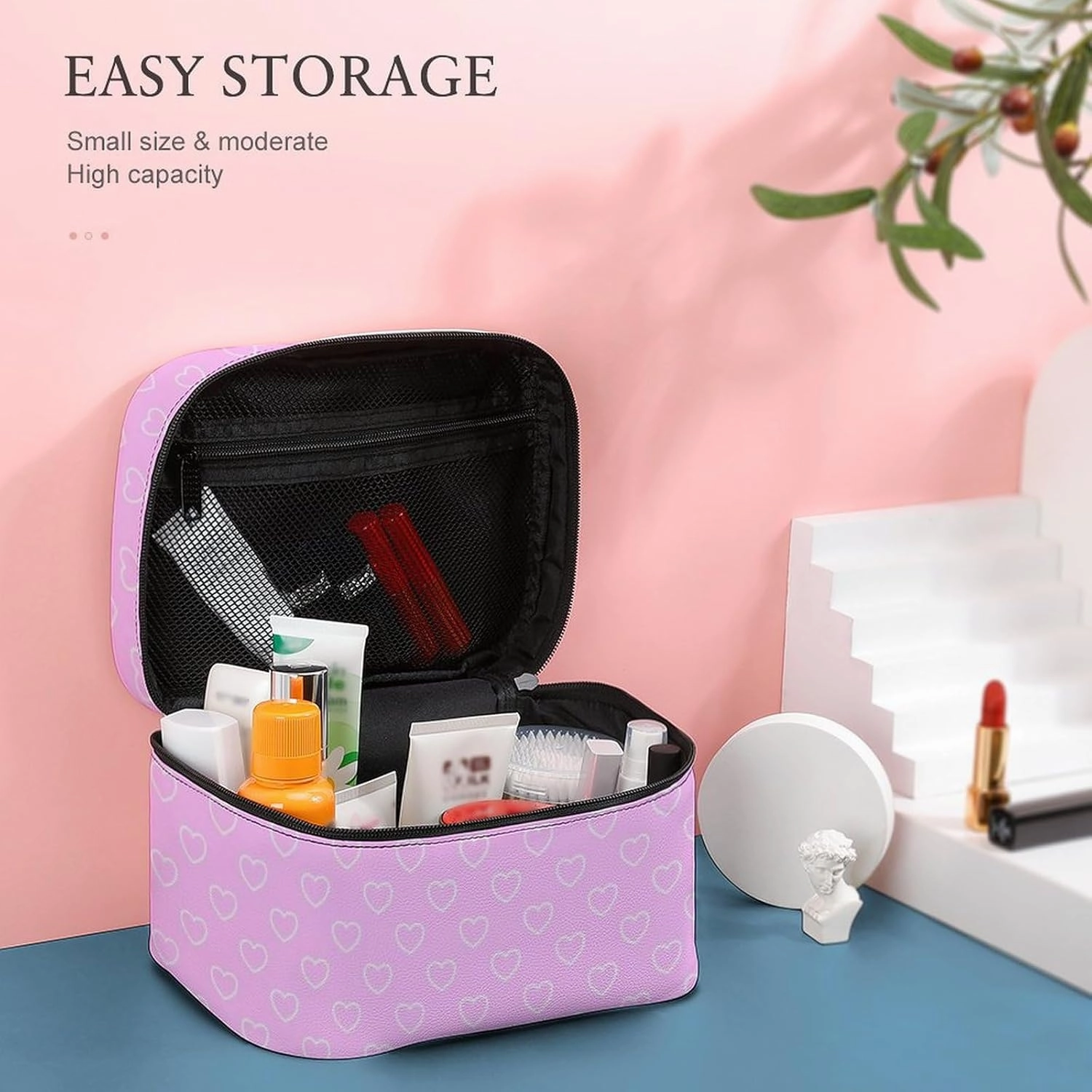 Travel Makeup Bag, Soft Pink Hearts Cosmetic Bags for Women Large Capacity Waterproof Toiletry Bag Make up Organizer