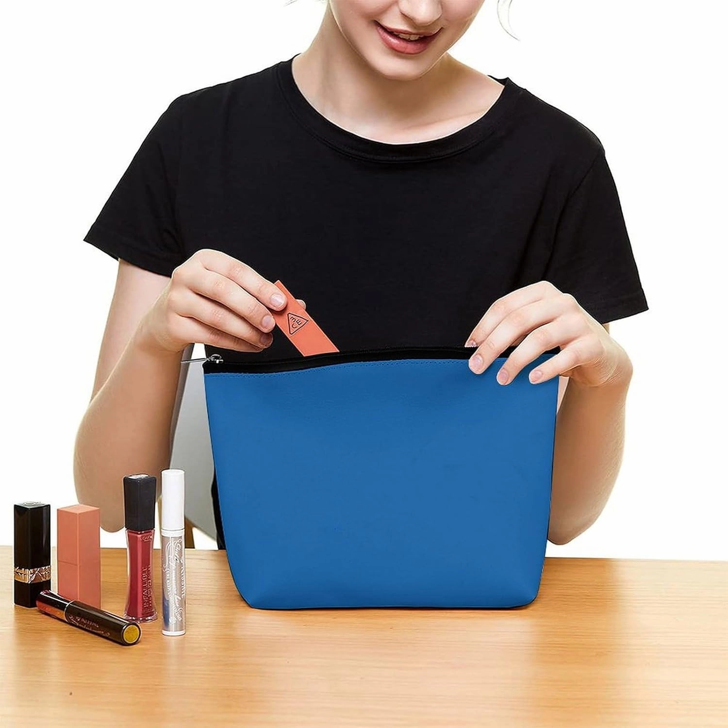 Travel Makeup Bag, Solid Blue Elegant Modern Cosmetic Bags for Women Large Capacity Waterproof Toiletry Pouch Make up Organizer