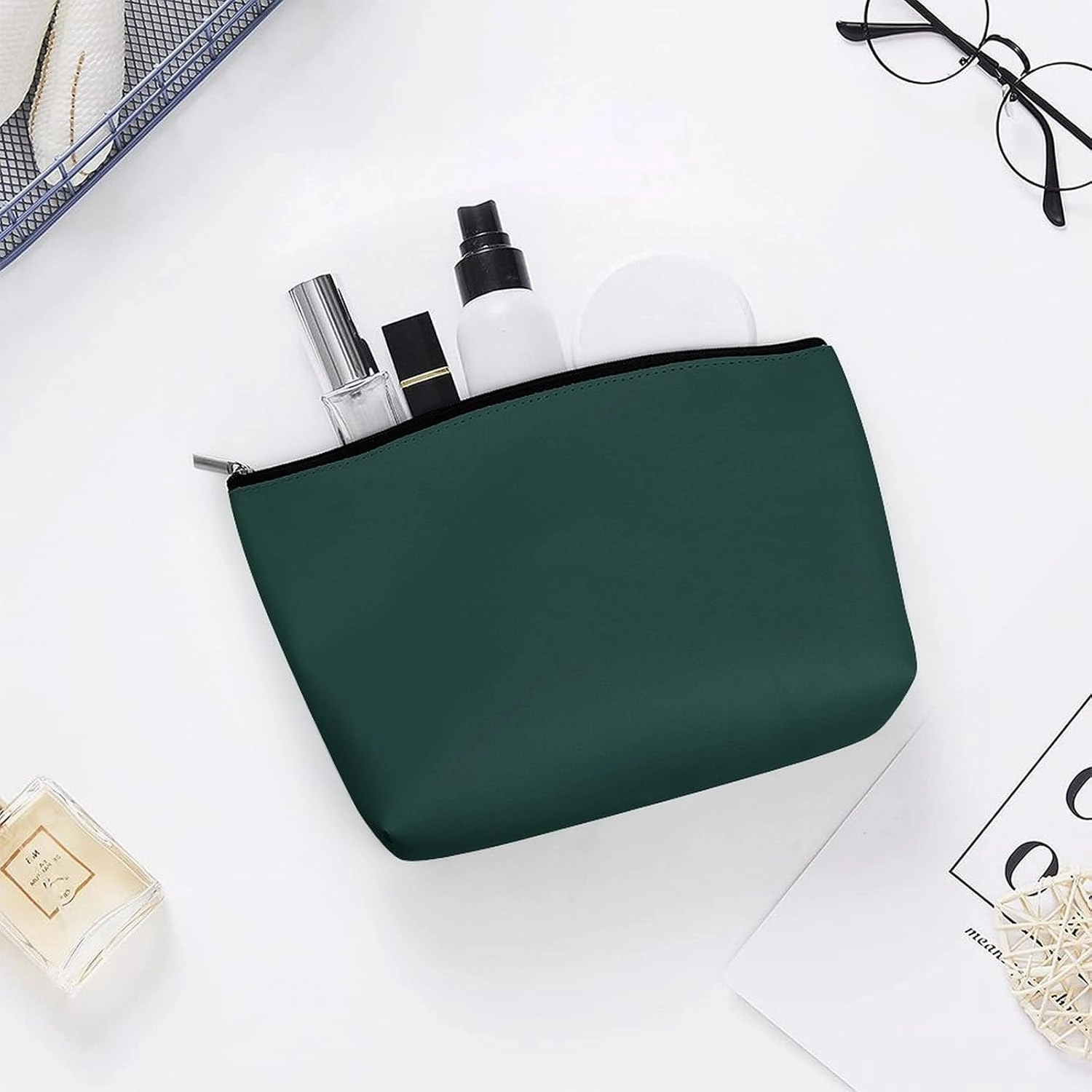 Travel Makeup Bag, Solid Plain Dark Green Cosmetic Bags for Women Large Capacity Waterproof Toiletry Pouch Make up Organizer