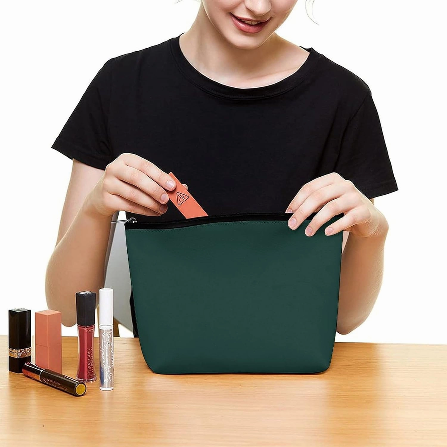 Travel Makeup Bag, Solid Plain Dark Green Cosmetic Bags for Women Large Capacity Waterproof Toiletry Pouch Make up Organizer