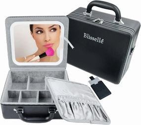 Travel Makeup Bag with LED Lighted Mirror, Waterproof Make Up Mirror With Lighting And Adjustable Dividers, Portable Makeup Train Case Cosmetics Storage Bag, 3 Adjustable Brightness (Black)