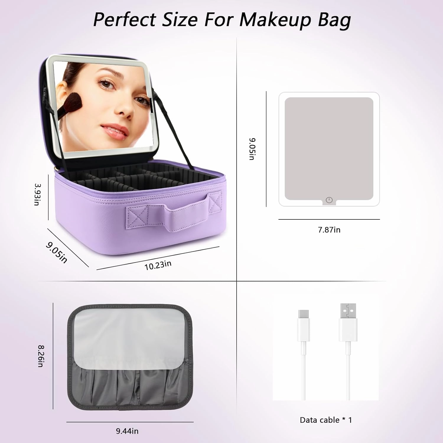 Travel Makeup Bag with LED Mirror Travel Makeup Organizer with 3 Lighted Settings, Adjustable Dividers and Makeup Brush Storage Bag Purple