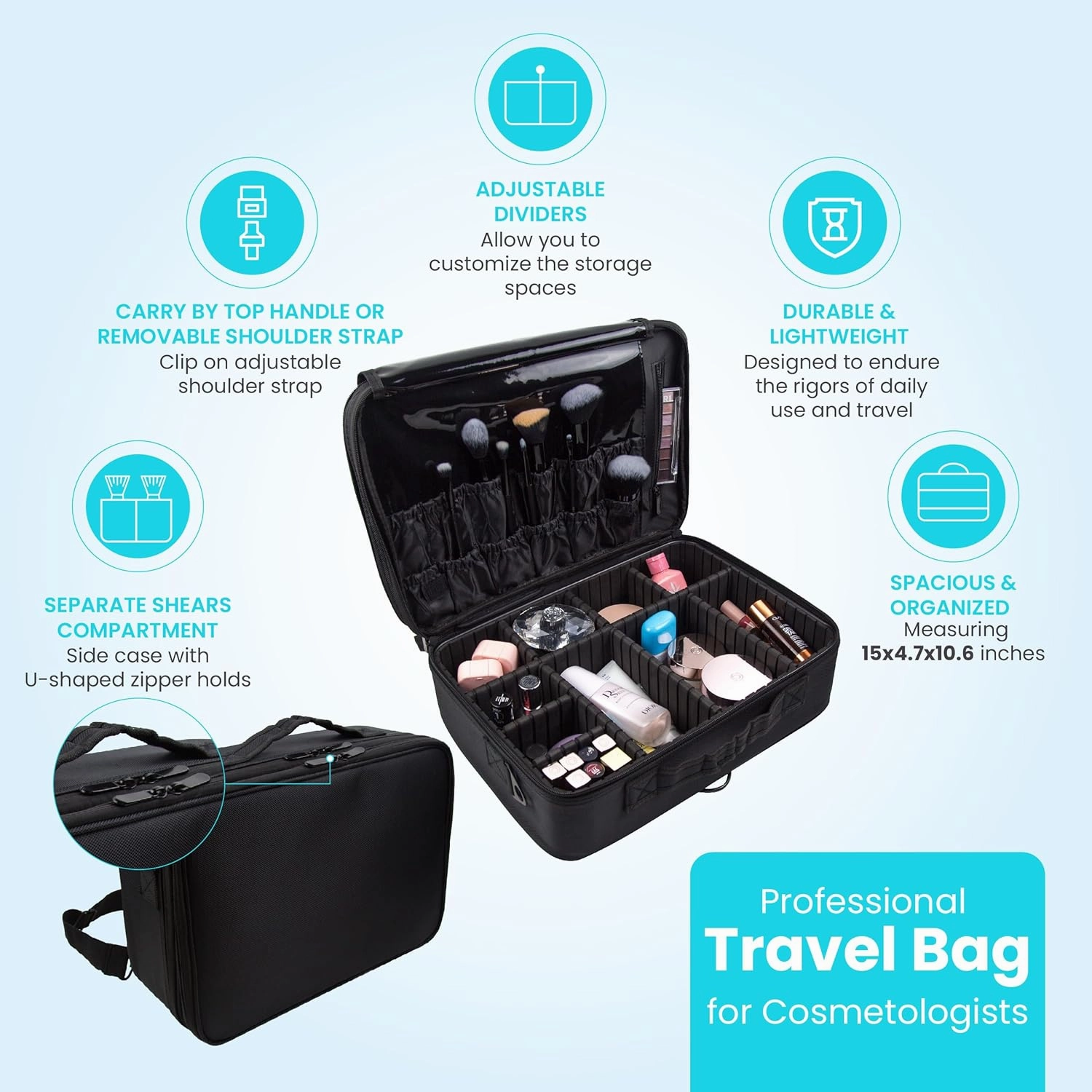 Travel Makeup Case - Makeup Artist Bag - Cosmetologist Travel Bag - Professional Make Up Case - Cosmetology Bag - Black Polyester Makeup and Tool Organizer