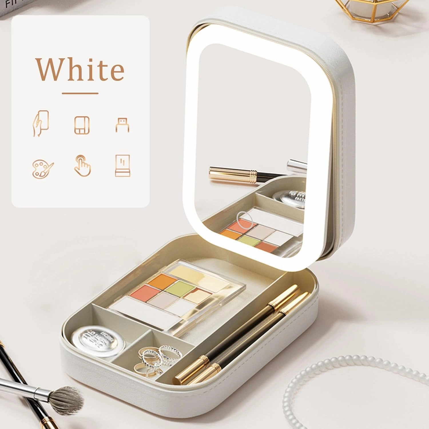 Travel Makeup Case with LED Mirror, Makeup Bag with Lighted Mirror, Cosmetic Storage Box, Christmas Portable Organizer Vanity Case for Women, Beauty Tool Accessories Rechargeable, White