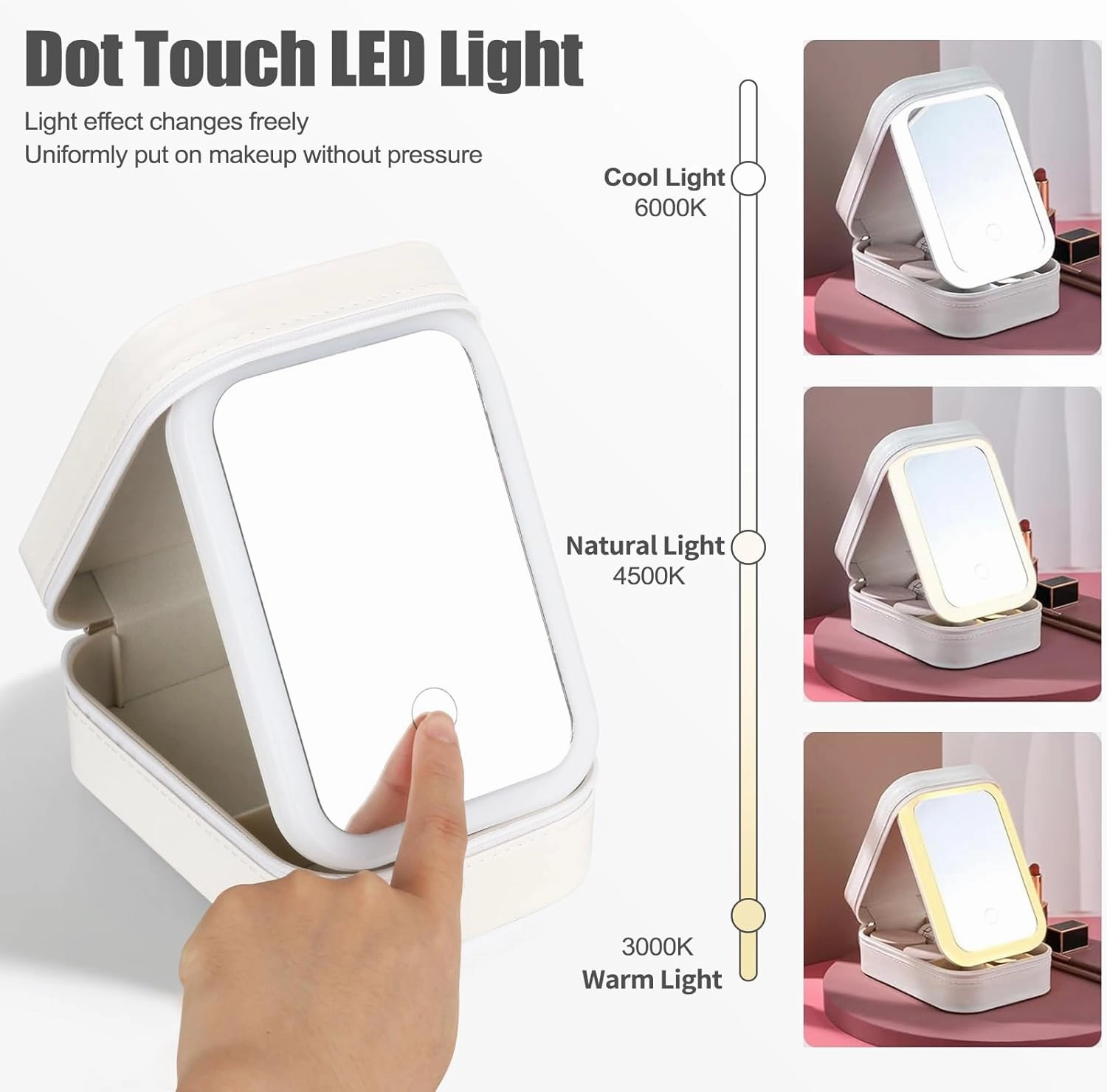 Travel Makeup Case with LED Mirror, Makeup Bag with Lighted Mirror, Cosmetic Storage Box, Christmas Portable Organizer Vanity Case for Women, Beauty Tool Accessories Rechargeable, White