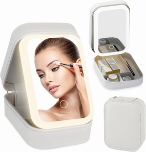 Travel Makeup Case with LED Mirror, Makeup Bag with Lighted Mirror, Cosmetic Storage Box, Christmas Portable Organizer Vanity Case for Women, Beauty Tool Accessories Rechargeable, White
