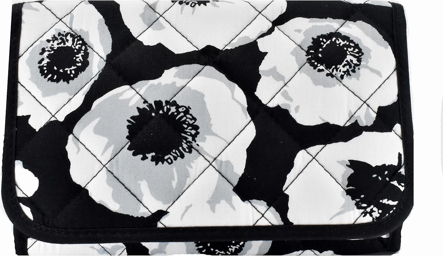 Travel Portable Purse Size Makeup Case Cosmetic Bag with Mirror, Quilted Cotton, Black White Flowers