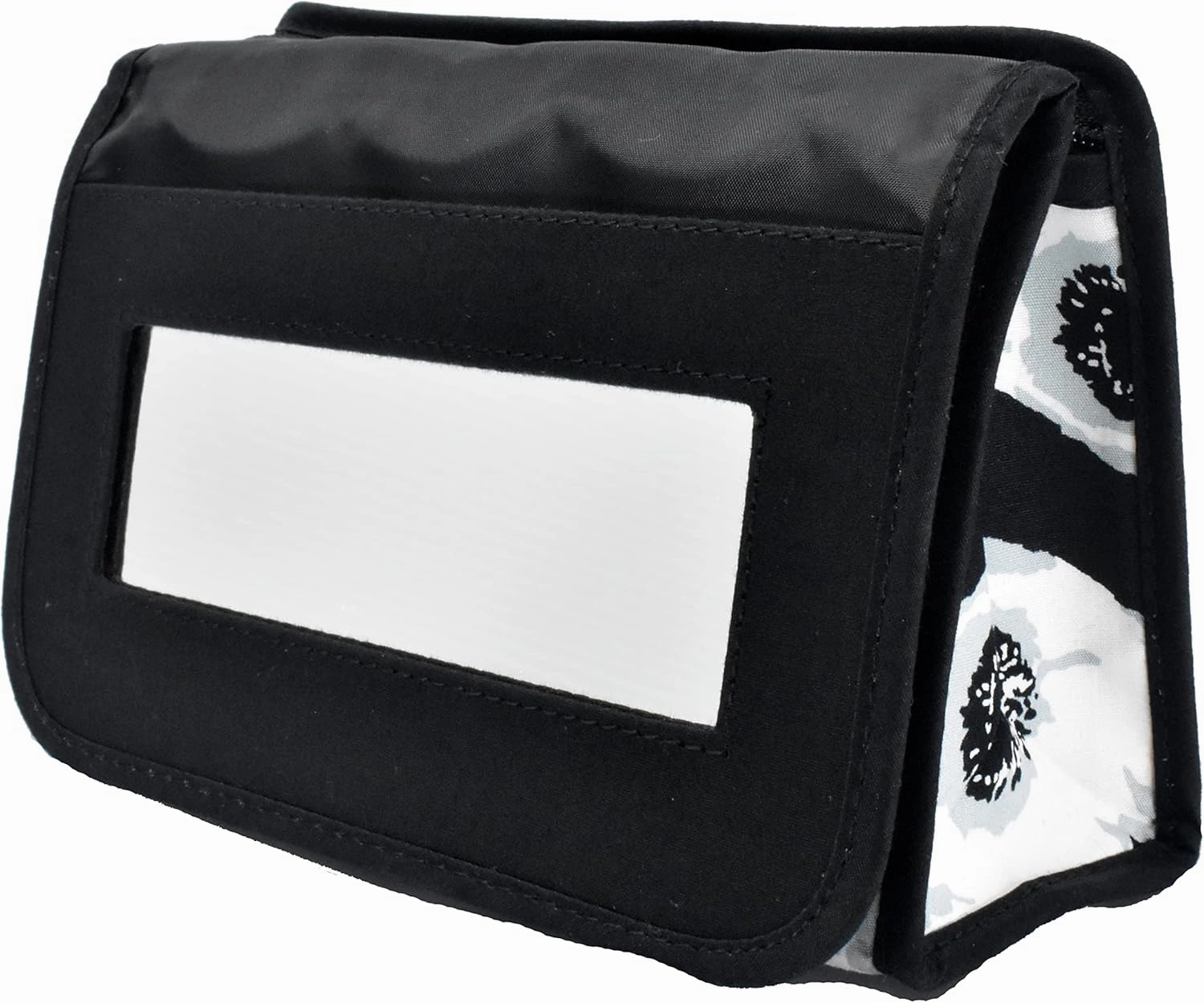 Travel Portable Purse Size Makeup Case Cosmetic Bag with Mirror, Quilted Cotton, Black White Flowers