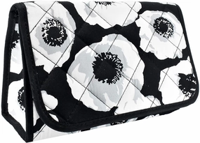 Travel Portable Purse Size Makeup Case Cosmetic Bag with Mirror, Quilted Cotton, Black White Flowers