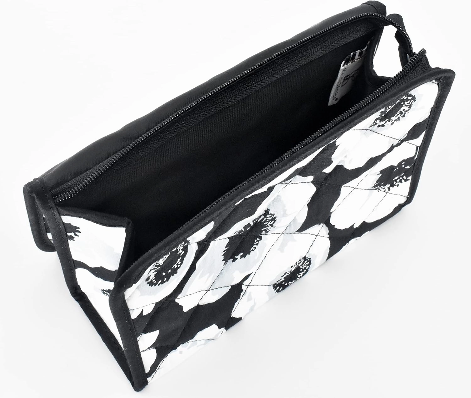 Travel Portable Purse Size Makeup Case Cosmetic Bag with Mirror, Quilted Cotton, Black White Flowers