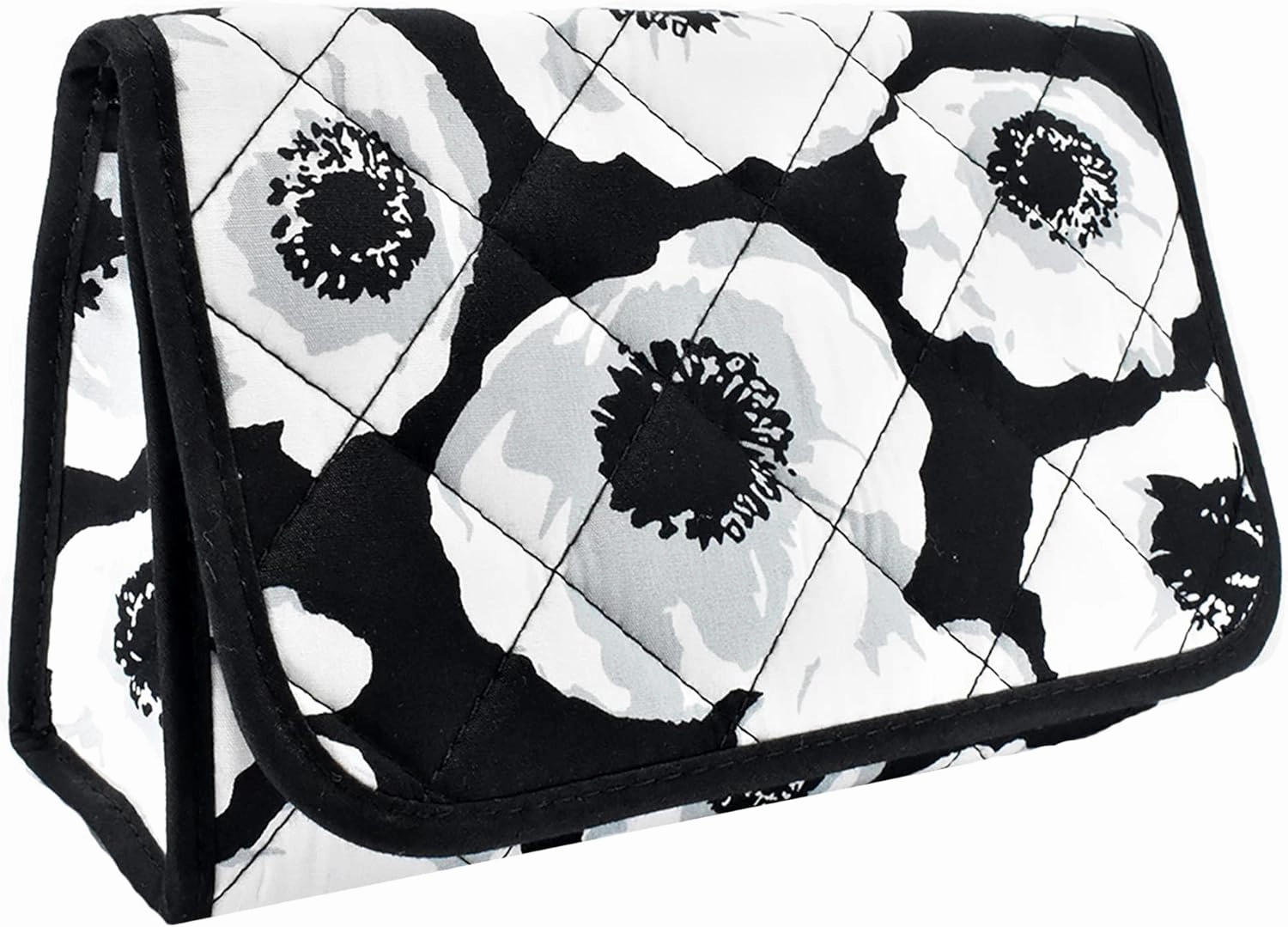 Travel Portable Purse Size Makeup Case Cosmetic Bag with Mirror, Quilted Cotton, Black White Flowers