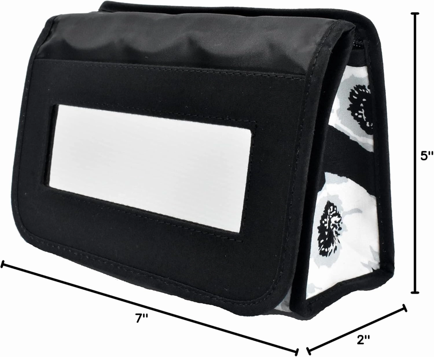 Travel Portable Purse Size Makeup Case Cosmetic Bag with Mirror, Quilted Cotton, Black White Flowers