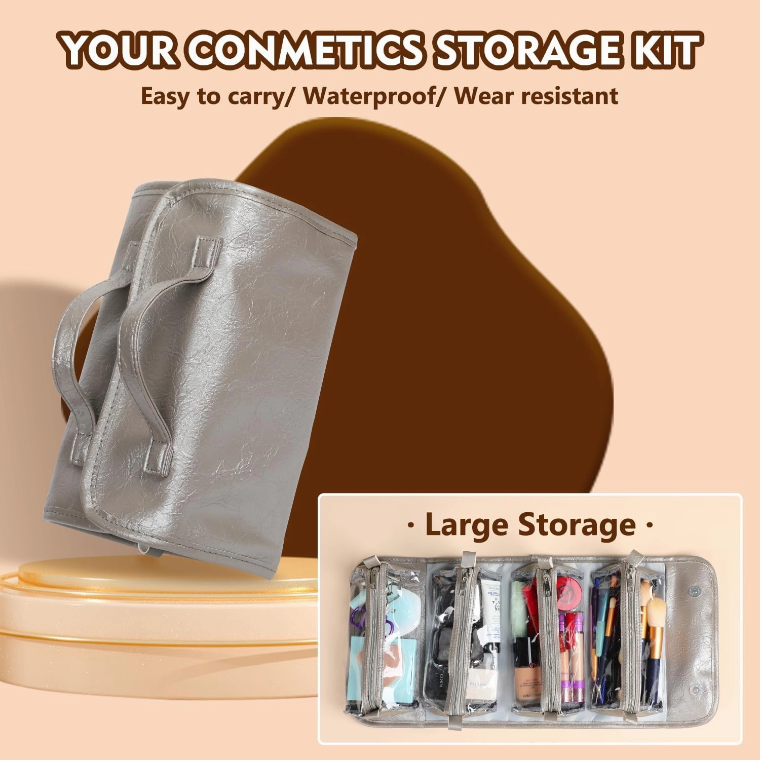 Travel Toiletry Makeup Bag PU Leather 4 Clear Detachable, Roll up Hanging Makeup Bag Leather, Multi Compartment Leather Waterproof Foldable Elegant Cosmetic Bag Detachable, Gray