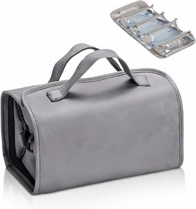 Travel Toiletry Makeup Bag PU Leather 4 Clear Detachable, Roll up Hanging Makeup Bag Leather, Multi Compartment Leather Waterproof Foldable Elegant Cosmetic Bag Detachable, Gray