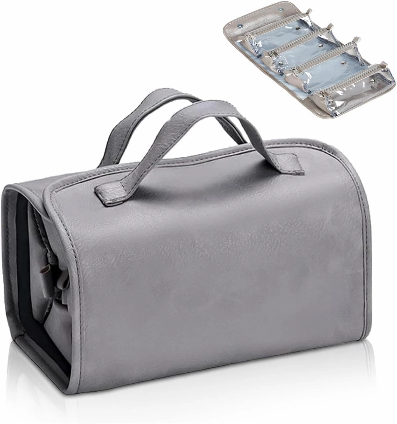 Travel Toiletry Makeup Bag PU Leather 4 Clear Detachable, Roll up Hanging Makeup Bag Leather, Multi Compartment Leather Waterproof Foldable Elegant Cosmetic Bag Detachable, Gray