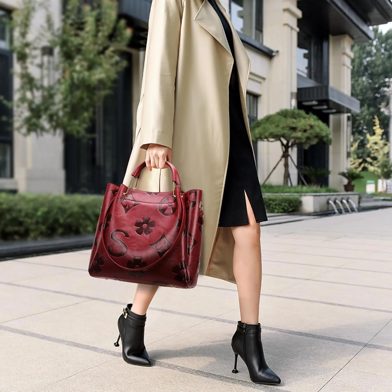 Travistar Floral Handbags Purses Women - Embossed Leather Top Handle Handbag Set Large Shoulder Bag Ladies Bucket Hobo Tote