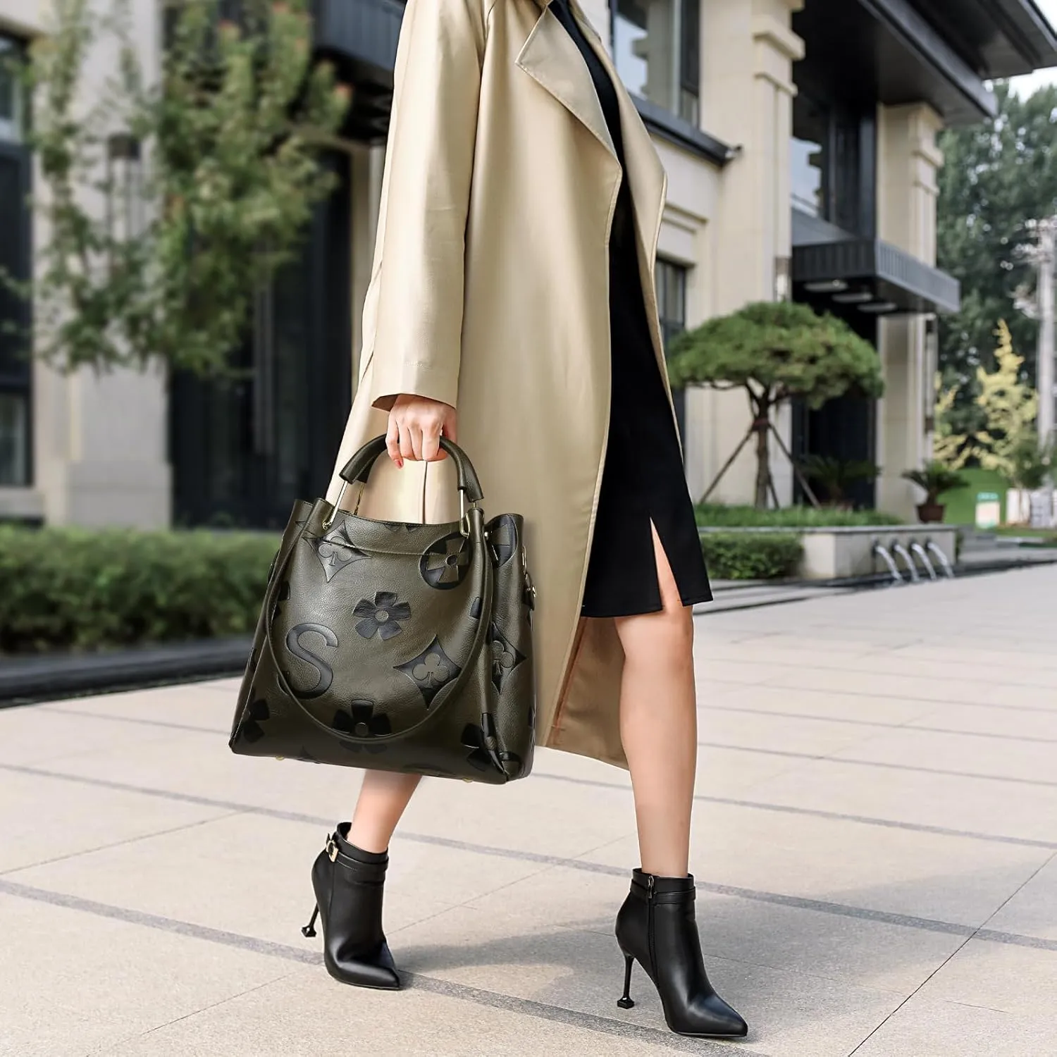 Travistar Floral Handbags Purses Women - Embossed Leather Top Handle Handbag Set Large Shoulder Bag Ladies Bucket Hobo Tote