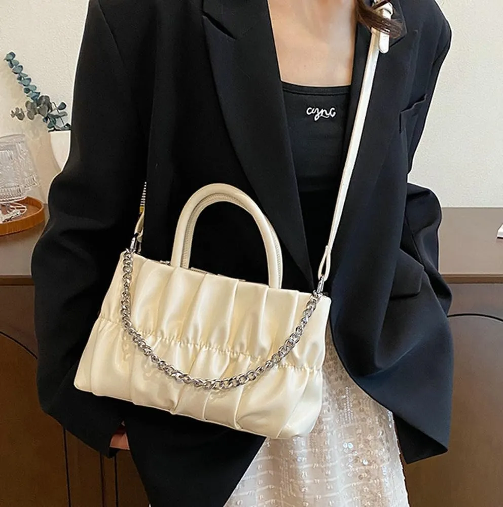 Trendy Cloud Pleated Cross-body Bag with Chain Women’s Stylish Small Purse with Adjustable Straps Y2k Handbag