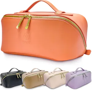 Trendy Travel Makeup Bag Organizer Large Capacity, PU Leather Make Up Bag with Handle and Divider, Open Flat Toiletry Pouch for Women & Girls Waterproof Portable Cosmetic Case Coral, Gift Box