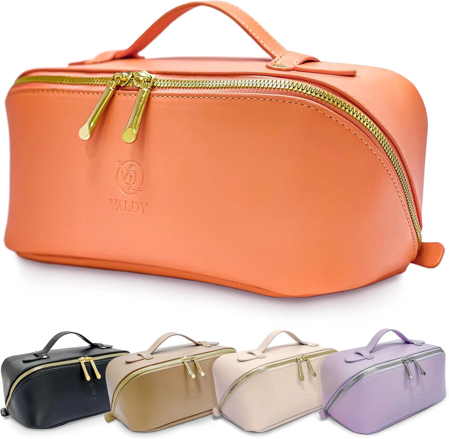 Trendy Travel Makeup Bag Organizer Large Capacity, PU Leather Make Up Bag with Handle and Divider, Open Flat Toiletry Pouch for Women & Girls Waterproof Portable Cosmetic Case Coral, Gift Box