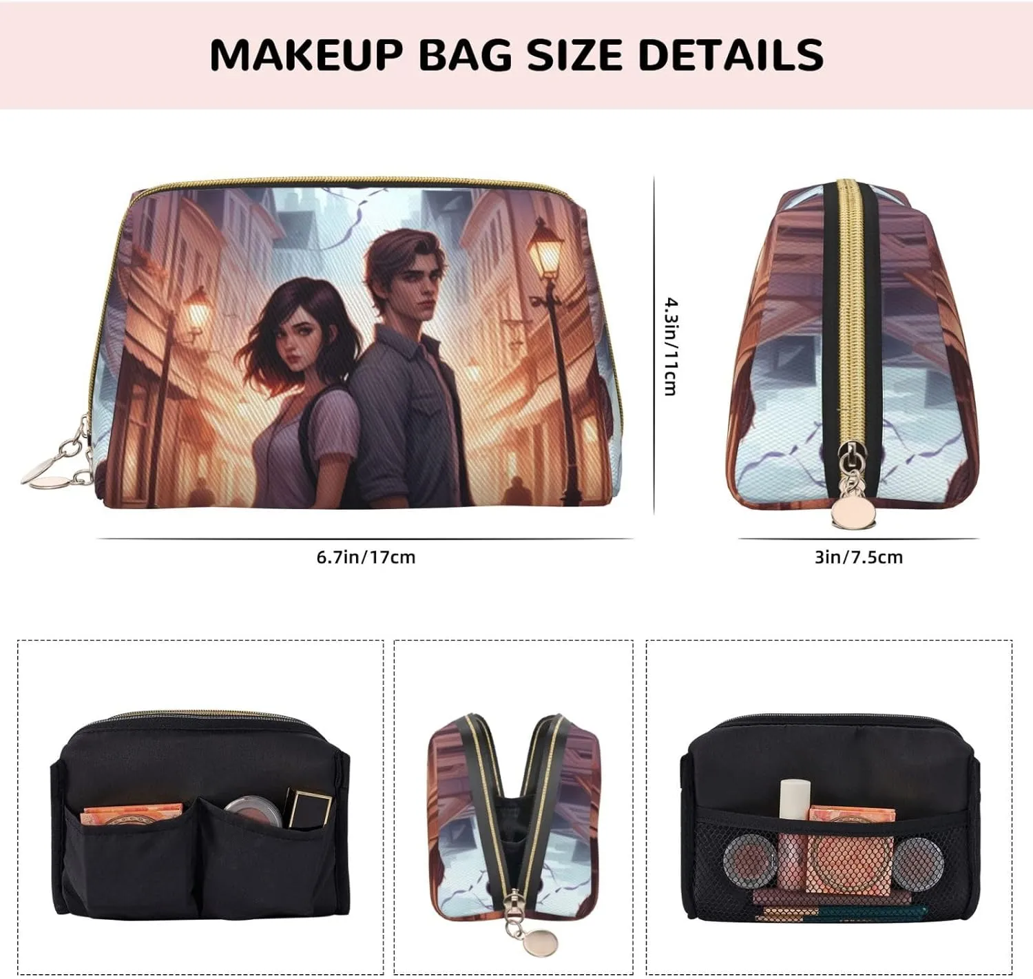 Twilight Serenade Printed Small Makeup Bag,Travel Cosmetic Bag Purse with Zipper,Water-resistant Makeup Organizer Bag for Women