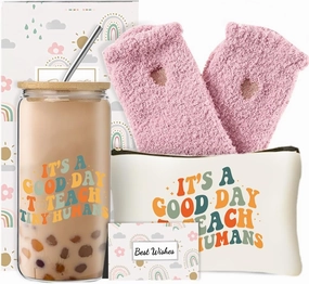 Unique Teacher Appreciation Gifts for Women,Birthday Presents for Teacher, Thank You Gifts Set with 16 Oz Glass Cup