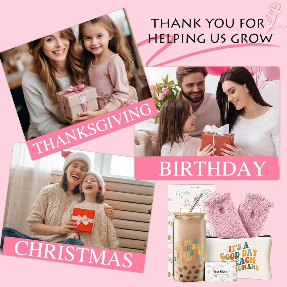 Unique Teacher Appreciation Gifts for Women,Birthday Presents for Teacher, Thank You Gifts Set with 16 Oz Glass Cup