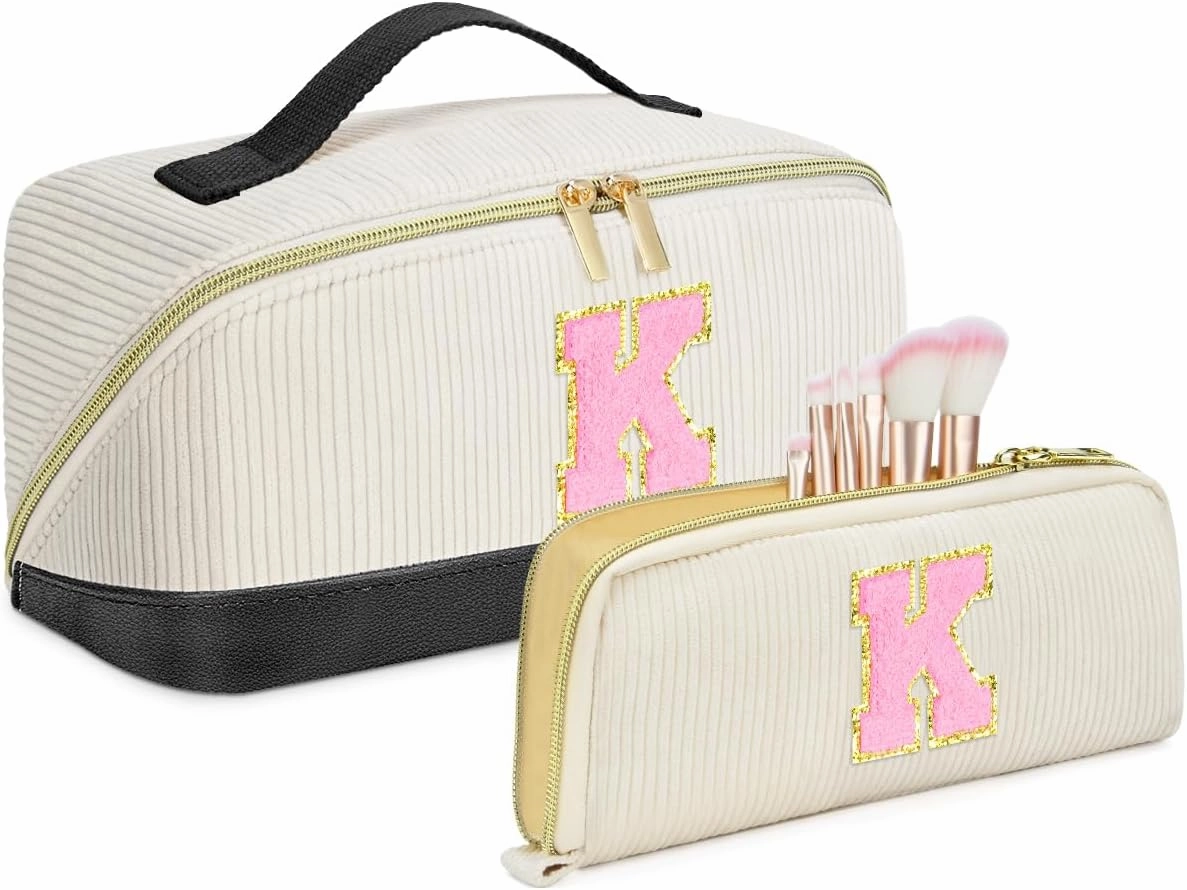 Valentine's Day Gifts for Women Girls,2Pack Large Personalized Initial Preppy Makeup Bag,Leather Waterproof Cosmetic Bag, Monogram Travel Make up bag Perfect forTeen Girls Mother's Day Birthday Gifts