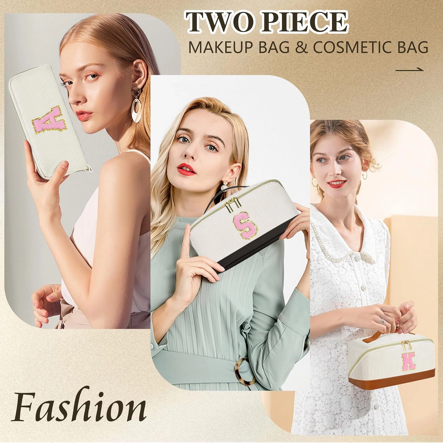 Valentine's Day Gifts for Women Girls,2Pack Large Personalized Initial Preppy Makeup Bag,Leather Waterproof Cosmetic Bag, Monogram Travel Make up bag Perfect forTeen Girls Mother's Day Birthday Gifts