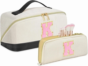 Valentine's Day Gifts for Women Girls,2Pack Large Personalized Initial Preppy Makeup Bag,Leather Waterproof Cosmetic Bag, Monogram Travel Make up bag Perfect forTeen Girls Mother's Day Birthday Gifts