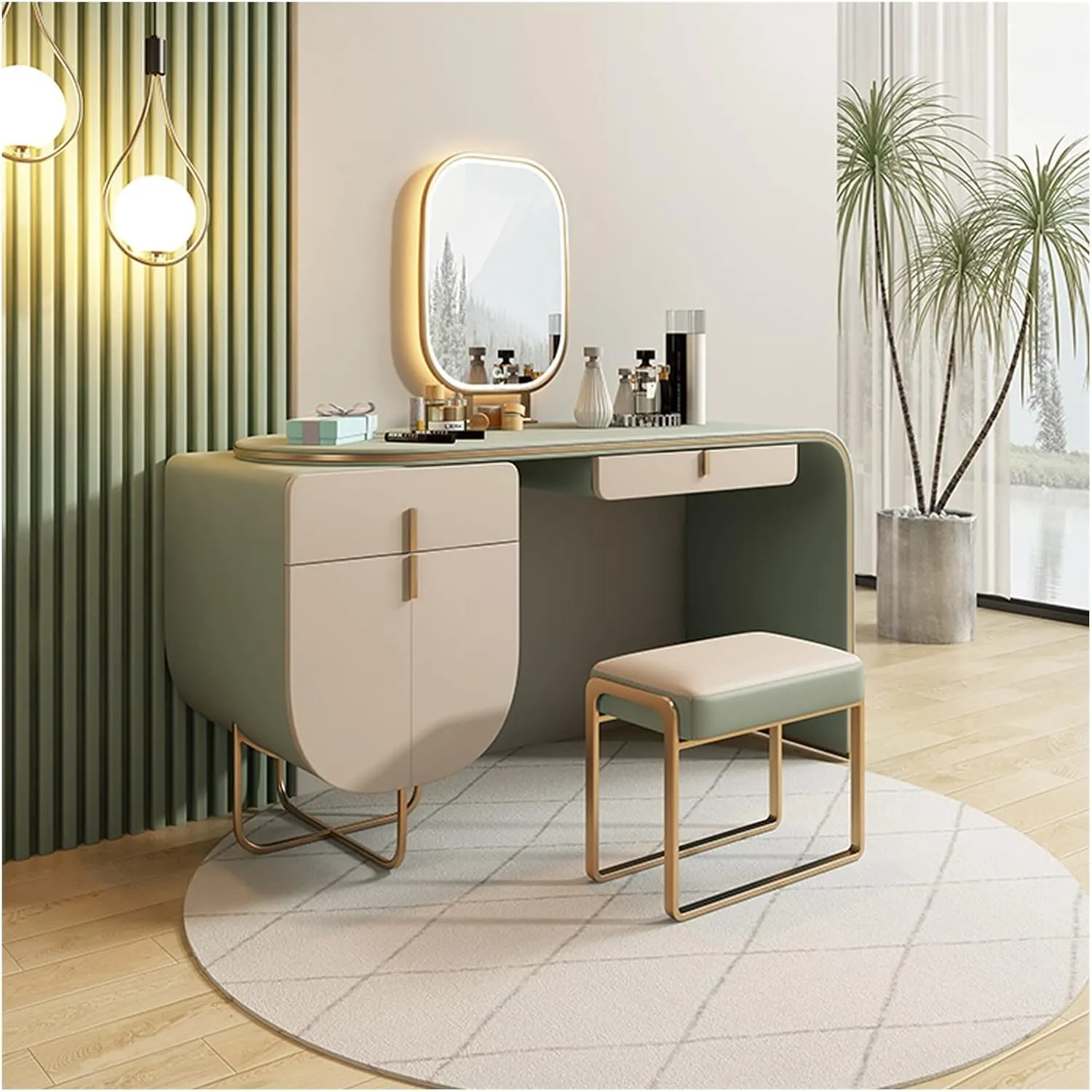 Vanity Desk Dresser Retractable Colorblock Dresser with Drawer Makeup Mirror Makeup Stool Makeup Table All in One Set Ladies Makeup Assistant Vanity Table Set (Color : D)