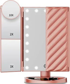 Vanity Mirror with Lights, Lighted Makeup Mirror with 2X 3X 10X Magnification, 21 LED Trifold Compact Touch Dimming Light Up Mirror, Dual Power Supply, Gifts for Women(Rose Gold)