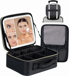 VANMRIOR Travel Makeup Bag with LED Lighted Make up Case with 3X 5X Magnification Mirror Cosmetic Makeup Box Organizer Vanity Case for Women Beauty Tools Accessories Case Rechargeable