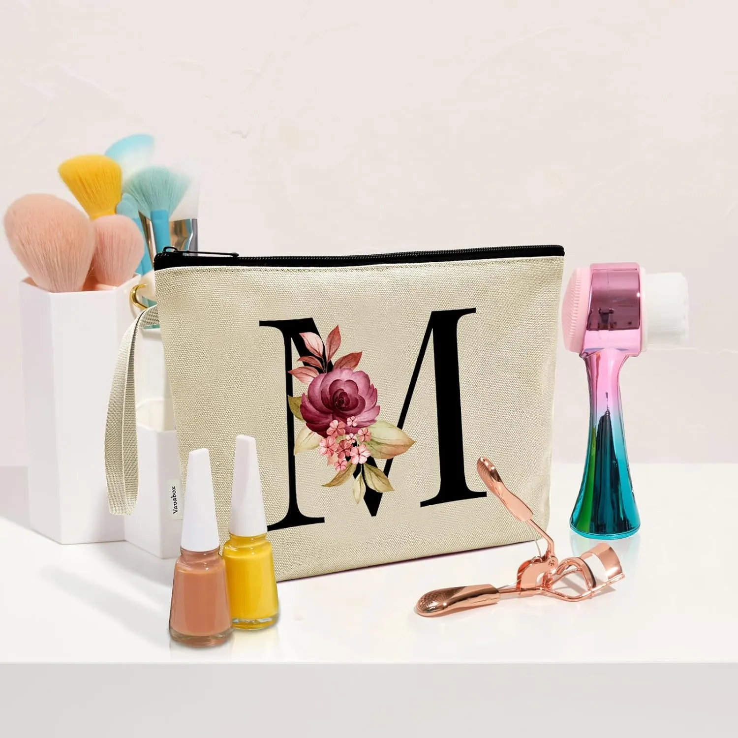 Vavabox A-Z Personalized Makeup Bag, Birthday Gifts for Women Mom, Gifts for Best Friend, Bride Bridesmaid Cosmetic bag (M, Yellow)