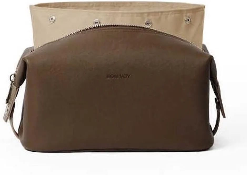 Vegan Leather Toiletry Bag - Unisex Dopp Kit with Removable Machine Washable Liner (Brown)