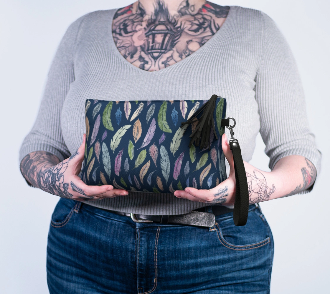 Vegan Leather Clutch & Makeup Bag – Feathers on Navy
