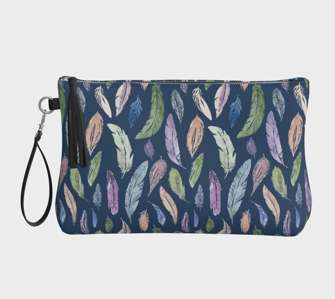 Vegan Leather Clutch & Makeup Bag – Feathers on Navy