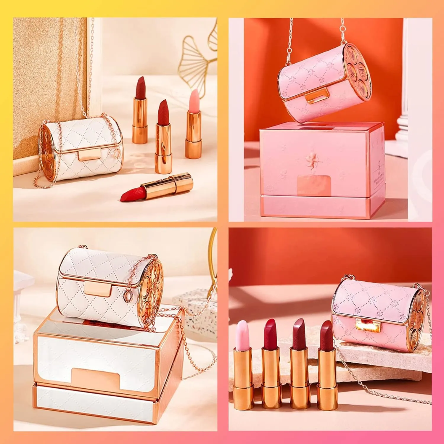 Velvet Matte Lipstick Set with Glamour Chain Pouc, 2023 New 4 Colors Waterproof Matte Lipstick Set, Long Lasting Lip Stick Set Elegant Leather Chain Bag