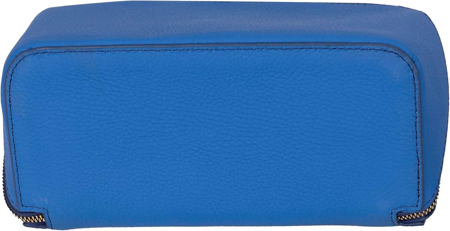 VENOULT Genuine Leather Makeup Bag, Spacious Cosmetic Case, Travel Toiletry Organizer with Handle (Fun Blue)