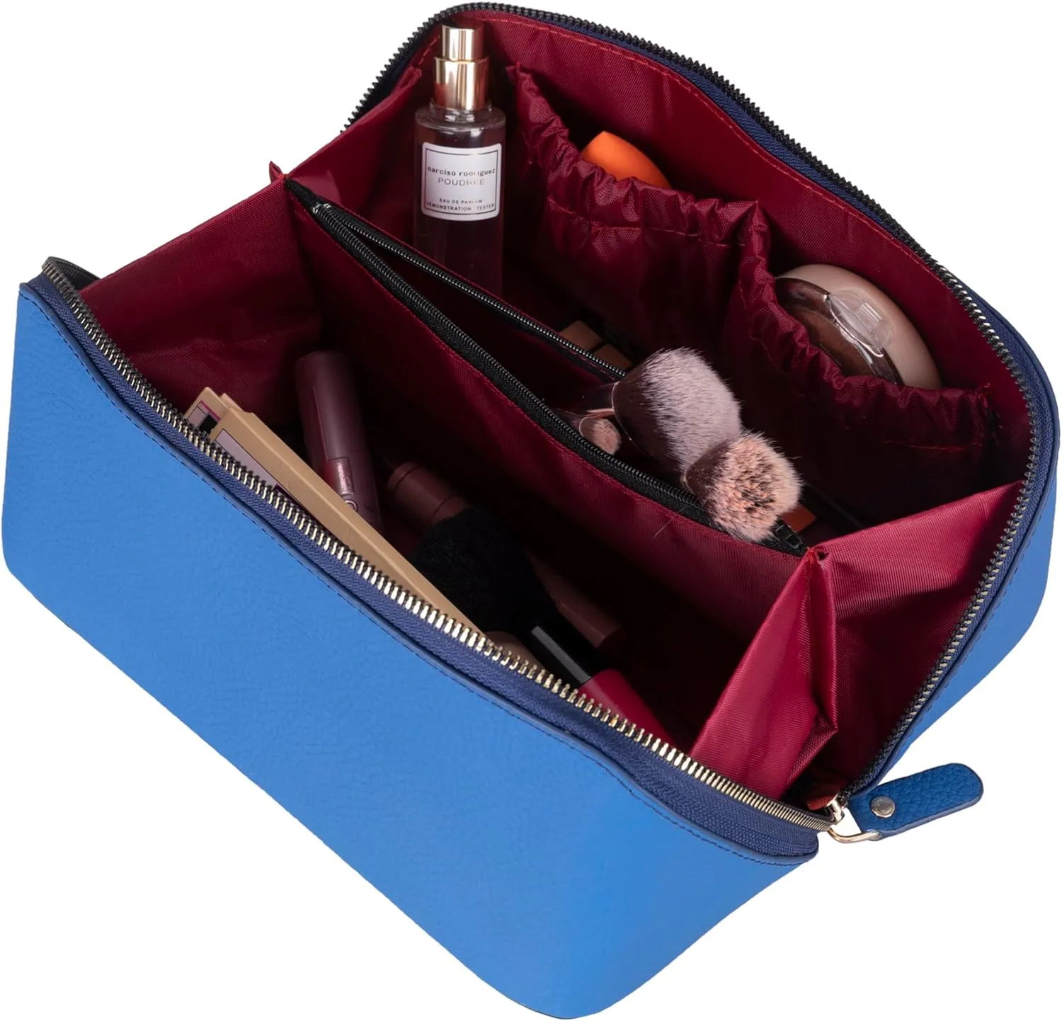 VENOULT Genuine Leather Makeup Bag, Spacious Cosmetic Case, Travel Toiletry Organizer with Handle (Fun Blue)