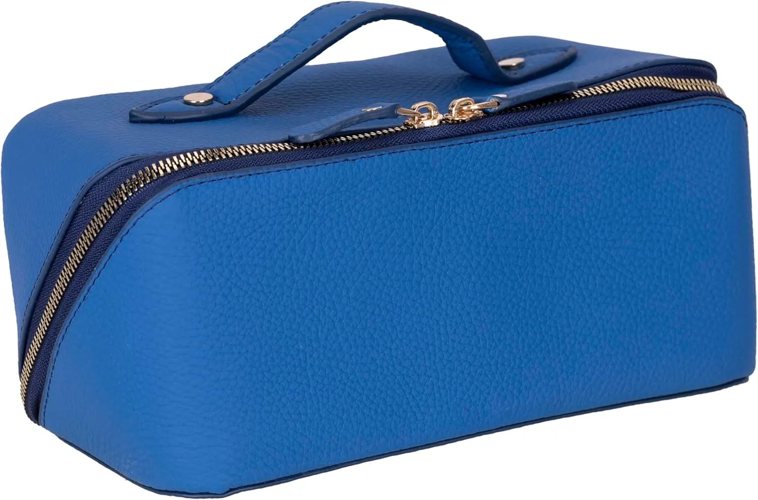 VENOULT Genuine Leather Makeup Bag, Spacious Cosmetic Case, Travel Toiletry Organizer with Handle (Fun Blue)