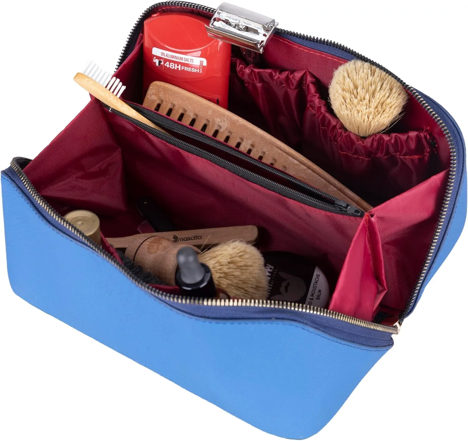 VENOULT Genuine Leather Makeup Bag, Spacious Cosmetic Case, Travel Toiletry Organizer with Handle (Fun Blue)