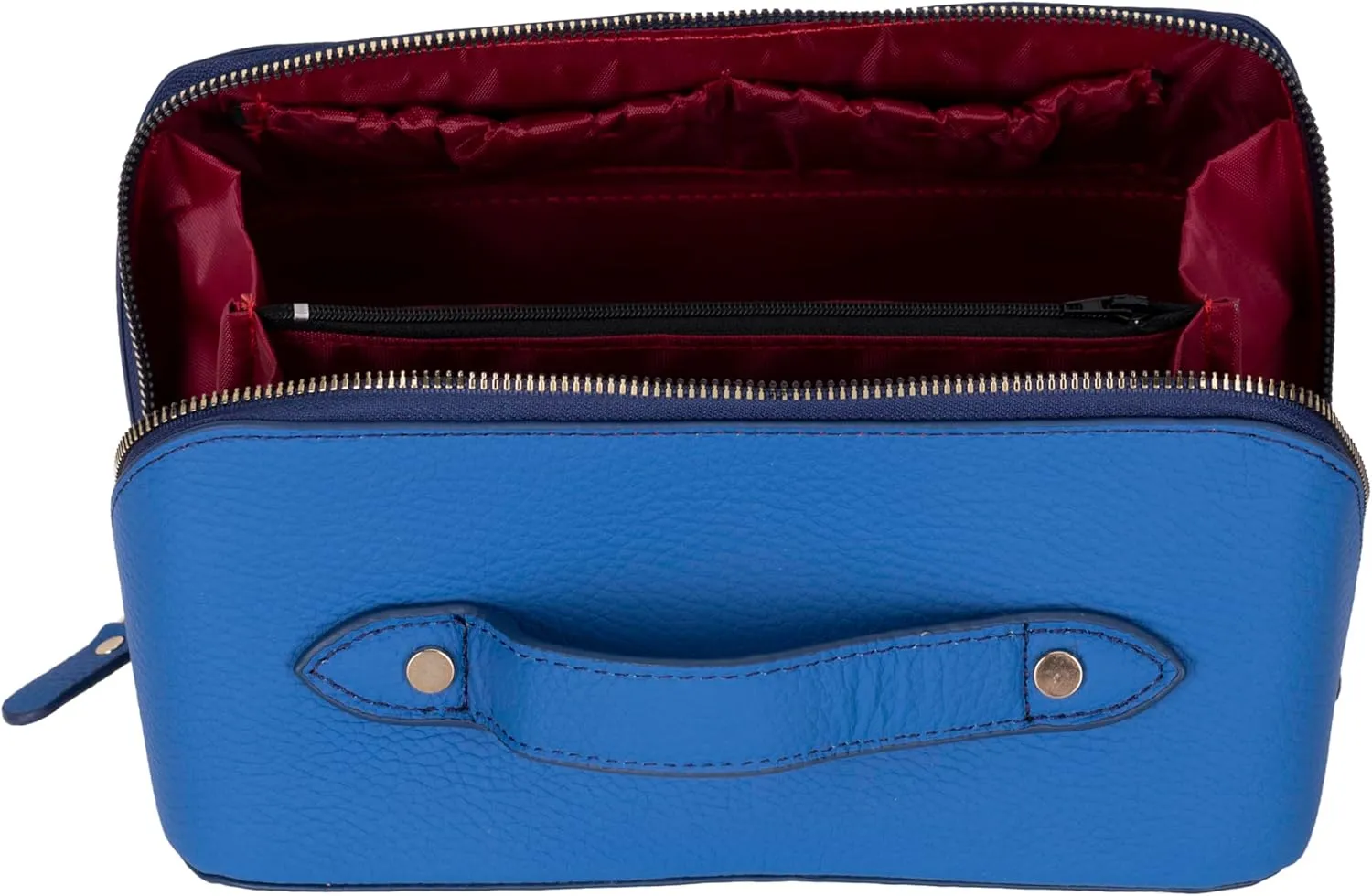 VENOULT Genuine Leather Makeup Bag, Spacious Cosmetic Case, Travel Toiletry Organizer with Handle (Fun Blue)