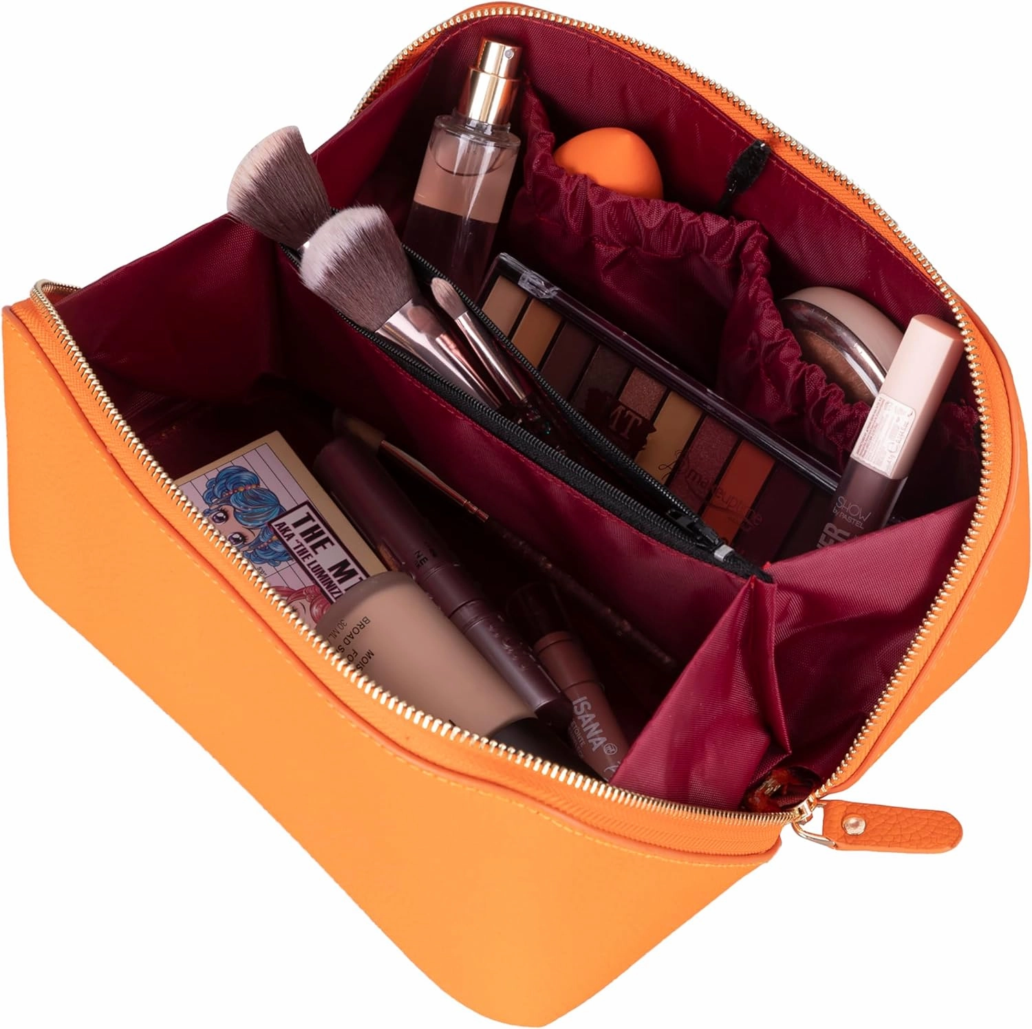 VENOULT Genuine Leather Makeup Bag, Spacious Cosmetic Case, Travel Toiletry Organizer with Handle (Mango)